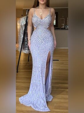 Elegant Purple Beaded Evening Gown with Side Cutouts and Slit